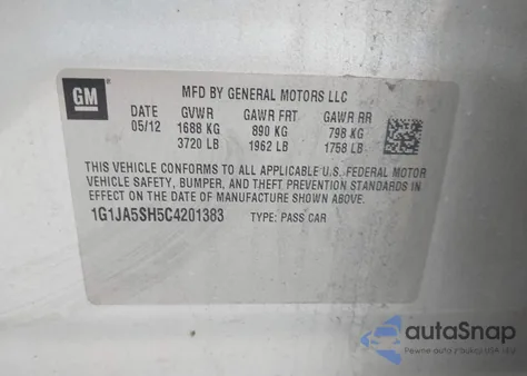 2012 Chevrolet Sonic 2Ls z USA, uszkodzony, nr VIN 1G1JA5SH5C4201383